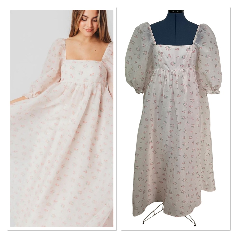 Worth Collective Mona Maxi Dress Pink Floral Puff Sleeve Smocked Cottage M NEW